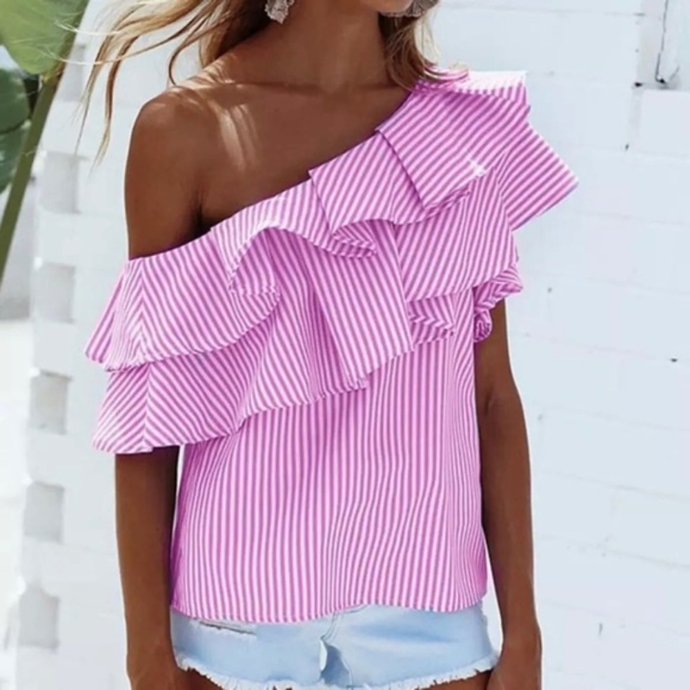 NEW Blue one- shoulder ruffle blouse